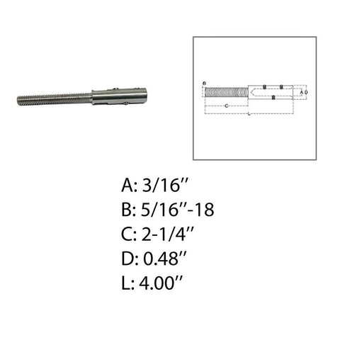 Image of Set Screw Stud For 3 Sixteenth Cable Wire Marine Grade Stainless Steel Four Inch with dimensions and technical diagram.