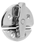 Round turn-button twist latch in marine-grade stainless steel with mirror finish, mounted on circular base for hatches and enclosures