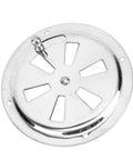 Front view of round 4-inch stainless steel marine vent grille backplate with side knob