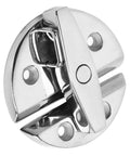 Round turn-button twist latch in marine-grade stainless steel, mirror finish, installed on circular base.