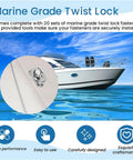 Twist lock fasteners for canvas; marine-grade stainless steel turn buttons on a white circular disc