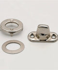 Three-piece stainless steel twist-lock fastener set with base plate, eyelet ring, and washer