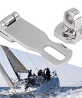 Front view of two 75mm stainless steel boat hatch latch components with mounting base