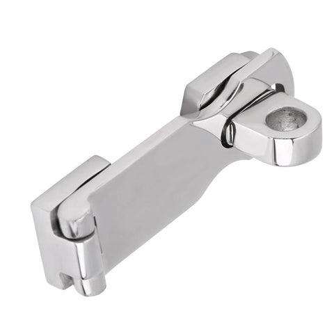 Angled front view of chrome stainless steel boat locker latch clamp, 75mm marine hatch fastener