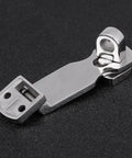 Close-up of 75mm stainless steel boat locker latch clamp with mounting base and latch knob
