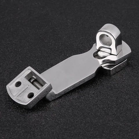 Close-up of 75mm stainless steel boat locker latch clamp with mounting base and latch knob