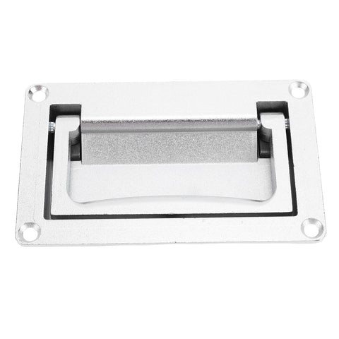 Recessed hatch handle with a spring-loaded zinc alloy flush-mount pull on a silver mounting plate with four screw holes.