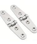 Front view of two mirror-polished 316 stainless steel marine hatch hinges with screw holes