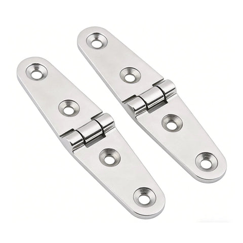 Front view of two mirror-polished 316 stainless steel marine hatch hinges with screw holes