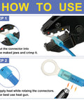 Instructions showing how to use Marine Grade Heat Shrink Wire Connectors Kit With 520 Pieces for electrical connections.