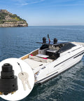 1 white motorboat on blue sea; inset shows 1 black locking device with two keys.