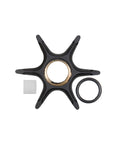 Teleflex 18-3059 Impeller with six blades, central brass hub, and accompanying gasket and key, top view. Marine engine component.