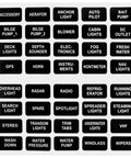 Labels for various electrical systems including auto pilot, cabin lights, GPS, and stereo, used in automotive and marine contexts.