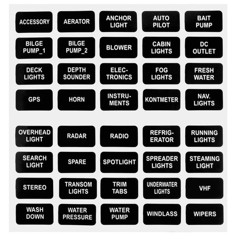 Labels for various electrical systems including auto pilot, cabin lights, GPS, and stereo, used in automotive and marine contexts.