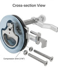 Cross-section view of marine grade 316 stainless steel boat cam latch set fits 52mm hole cutouts and 1/2 to 1 inch panels