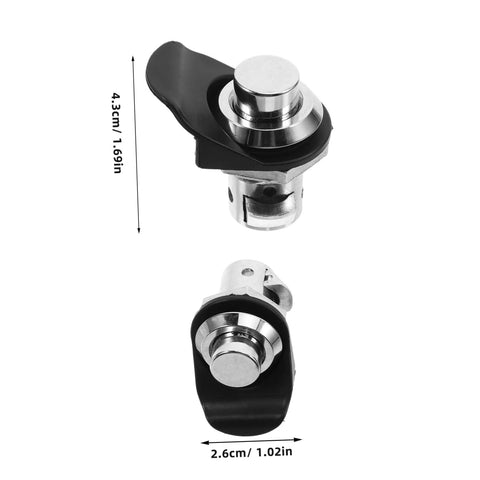 Push-close latch for electrical boxes; front and side views show a round silver push button with black housing.