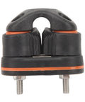 Front view: ball-bearing cam cleat for rope, heavy-duty black nylon with orange gasket and mounting bolts