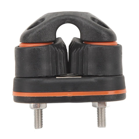 Front view: ball-bearing cam cleat for rope, heavy-duty black nylon with orange gasket and mounting bolts