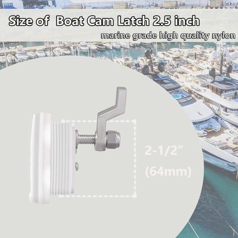 Side view of Marine Grade White Nylon Boat Cam Latch With O Handle Flush Mount Fits Two And A Half Inch Hole Non Locking Latch Durable Marine Hardware For Doors Deck Compartments.