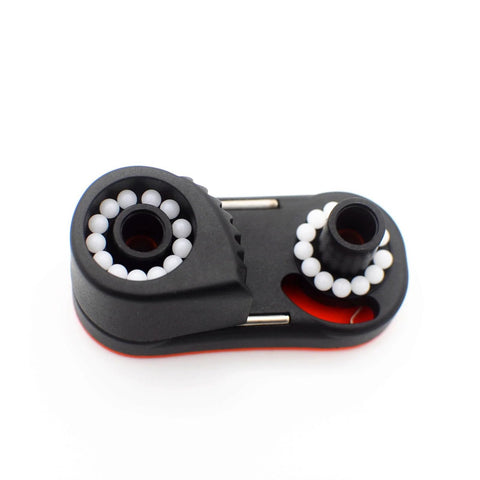 Front view of Avejjbaey nylon rope clamp cleat, black with red base, ball-bearing assemblies for marine use