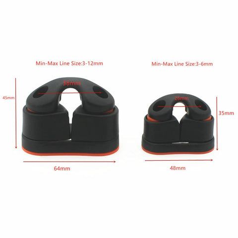Front view of two black nylon rope clamp cleats with red base for marine use; left fits 3–12mm, right 3–6mm.