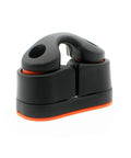Nylon rope clamp cleat, black with orange base, marine-use side view