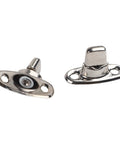 Pair of chrome marine-grade twist-lock fasteners with flange base and mounting holes, front and side views