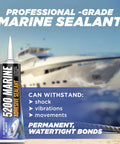5200 Fast Cure Black Marine Sealant 3 Oz For Boats And RVs, tube with yacht background, marine adhesive use highlighted