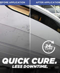 5200 Fast Cure Black Marine Sealant 3 Oz For Boats And RVs applied on boat hull for crack repair, showing before and after comparison.