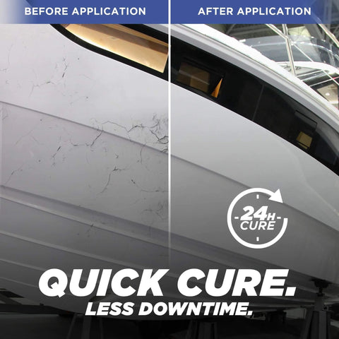 5200 Fast Cure Black Marine Sealant 3 Oz For Boats And RVs applied on boat hull for crack repair, showing before and after comparison.