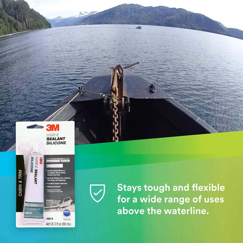 Heavy Duty Marine Grade Silicone Sealant For Boats And RVs Above The Waterline Sealant Clear Flexible And Tough That Sticks To Bare Or Painted Metal Glass Fiberglass Plastics And Wood 3 Fl Oz Tube with boat background