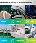 Marine Adhesive Sealant Fast Cure 4200 Semi Permanent Flexible Sealant for Boats and RVs shown on various marine surfaces