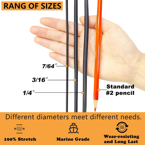 Hand holding 1/4 inch by 32 foot marine grade bungee cord for kayaks with size comparison against pencil, showcasing elastic shock cord thickness.
