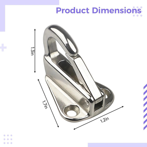 Stainless steel marine-grade snap hook with base plate and screw holes, angled view