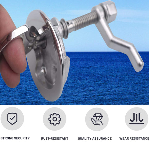 Marine Grade Stainless Steel Boat Cam Latch With Flush Pull Handle And Reinforced Back Plate For Strength, 2.5 Inch Diameter Fits 2 Inch Hole, Saltwater Ready Hatch Latch With Fasteners in close-up view showing detailed construction and finish.