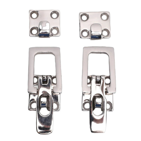 Front view of a four-piece stainless steel TIKATARER boat anti-rattle latch set with mounting plates