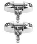 Two stainless steel deck sunblind brackets with hinges and slide pins, front view