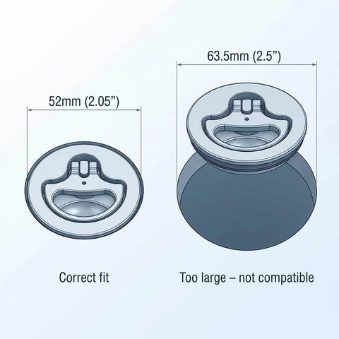 Marine grade 316 stainless steel boat cam latch set fits 52mm hole cutouts and 1/2 to 1 inch panels, size comparison diagram