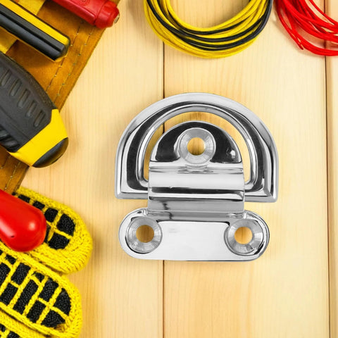 Polished stainless steel D-ring tie-down anchor with base plate and two mounting holes