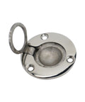 Round stainless steel deck hatch lock plate with flip ring handle and three screw holes