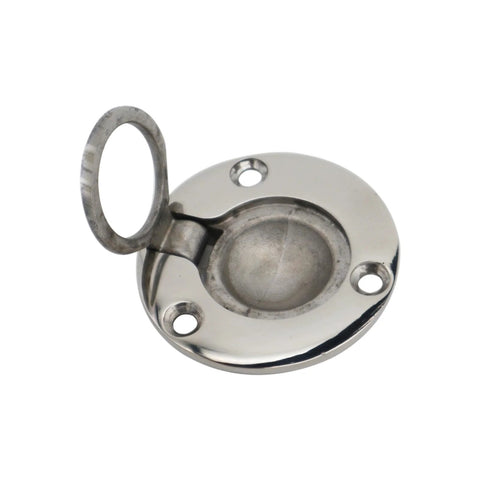 Round stainless steel deck hatch lock plate with flip ring handle and three screw holes