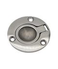 Close-up of polished stainless steel round deck hatch latch plate with butterfly bolt slot and three mounting holes