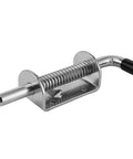 Angled side view of stainless steel drum spring latch with mounting base and black knob.
