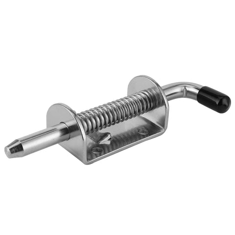 Angled side view of stainless steel drum spring latch with mounting base and black knob.