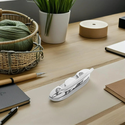 Folding stainless steel boat cleat, 4.5-inch, chrome finish, displayed on a wooden desk.