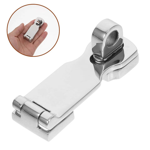 Close-up of marine-grade stainless steel gate latch hasp with swivel padlock eye, 75x25mm