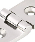 Front view of mirror-polished 316 stainless steel boat hatch hinge with mounting screw holes
