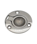 Round stainless steel deck hatch base with three mounting holes and locking notch, front view