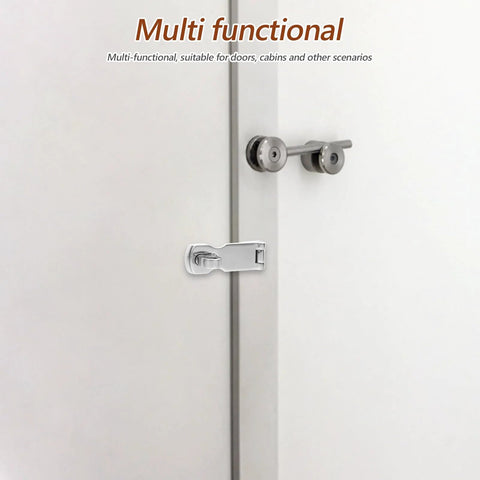 Installed marine-grade stainless steel door latch/hasp with swivel padlock eye on white door