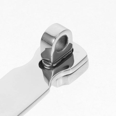 Boat door latch hasp, marine-grade stainless steel with swivel padlock eye, 75x25mm (close-up view)